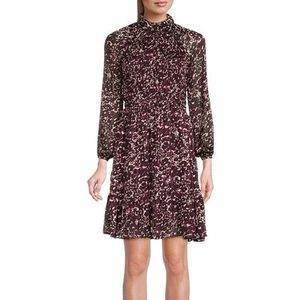 Taylor Chiffon Floral Print Mock Neck Long Blouson Sleeve Tiered Ruffle Dress